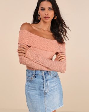 Serene Date Terracotta Lace Off-the-Shoulder Long Sleeve Top