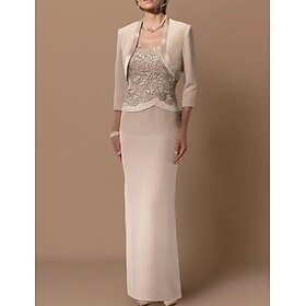 Sheath Mother of the Bride Dress Wedding Guest Elegant Plus Size Straight Neckline Floor Length Chiffon Satin Lace Sleeveless Short Jacket Dresses with Sash /