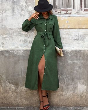 Shirt Dresses Hunter Green Turndown Collar Sash Long Sleeves Polyester Midi Dress Dresses