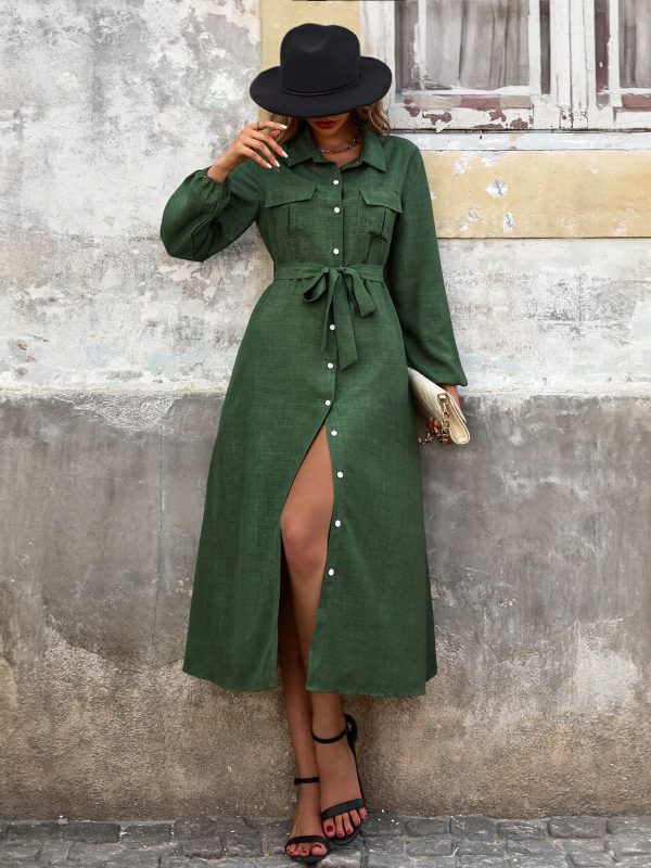 Shirt Dresses Hunter Green Turndown Collar Sash Long Sleeves Polyester Midi Dress Dresses