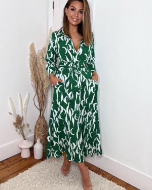 Shirt Midi Dress Green Turndown Collar Split Front Long Sleeves Geometric Layered Dress