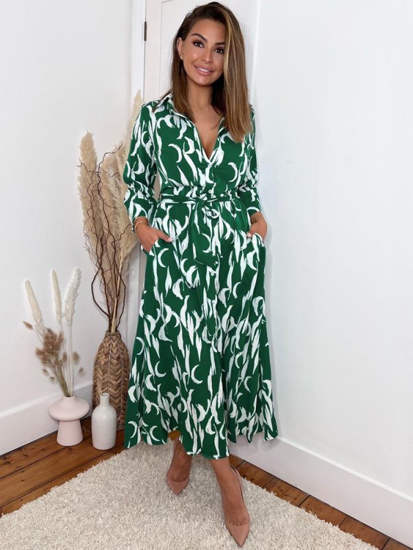 Shirt Midi Dress Green Turndown Collar Split Front Long Sleeves Geometric Layered Dress