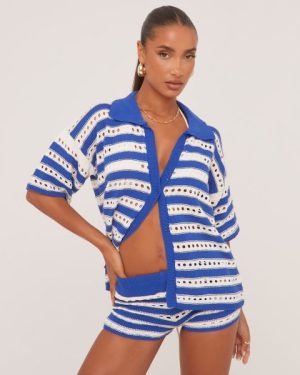 Short Sleeve Shirt In Blue And White Stripe Crochet Knit, Women's Size UK Large L
