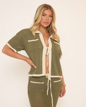 Short Sleeve Tie Front Pocket Detail Contrast Trim Shirt In Khaki Green Crochet Knit, Women's Size UK Small S