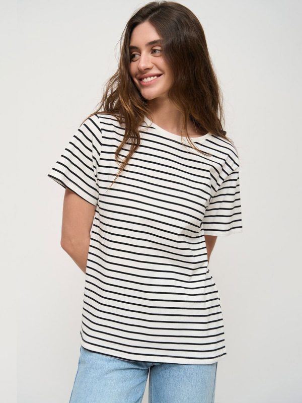 Short Sleeves Tees White Two-Tone Stripes Oversized Jewel Neck T Shirt For Women