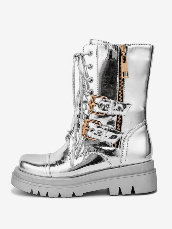 Silver Combat Boots Round Toe Buckle Detail Zip Up Lace Up Ankle Boots
