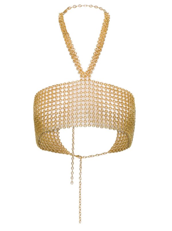 Silvia Gnecchi Gold-tone Crop Top With Halterneck In Metal Mesh Woman
