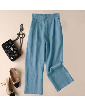 (Sky Blue, Tag Size L=UK Size 10) Women Palazzo Pant Wide Leg Cropped Pants Ladies Lounge High Waist Daily Wear