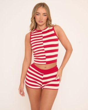 Sleeveless Crew Neck Tank Top In Multi Red Contrast Stripe Knit, Women's Size UK Large L