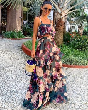 Sleeveless Crop Top And Tiered High Waist Skirt Prinetd Resort 2 Pieace Co-ord Set 2025