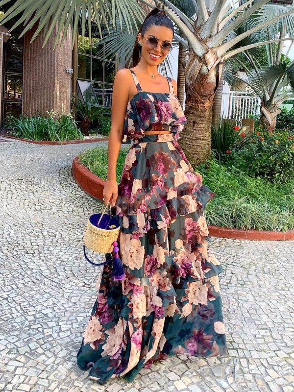 Sleeveless Crop Top And Tiered High Waist Skirt Prinetd Resort 2 Pieace Co-ord Set 2025