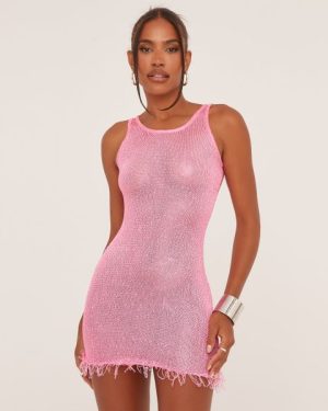 Sleeveless Fringed Hem Mini Bodycon Dress In Metallic Pink Sheer Knit, Women's Size UK Small S