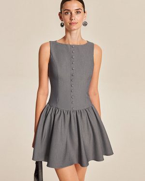 Sleeveless Pleated Mini Dress With Button-Front In Grey For Summer 2025