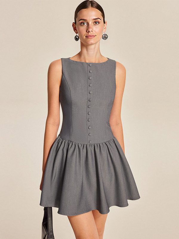 Sleeveless Pleated Mini Dress With Button-Front In Grey For Summer 2025