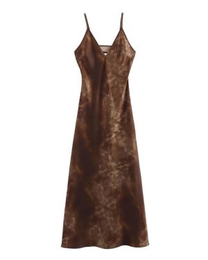 (Small) "European & American Style French Silk Satin Printed Backless V-Neck Dress for Women"