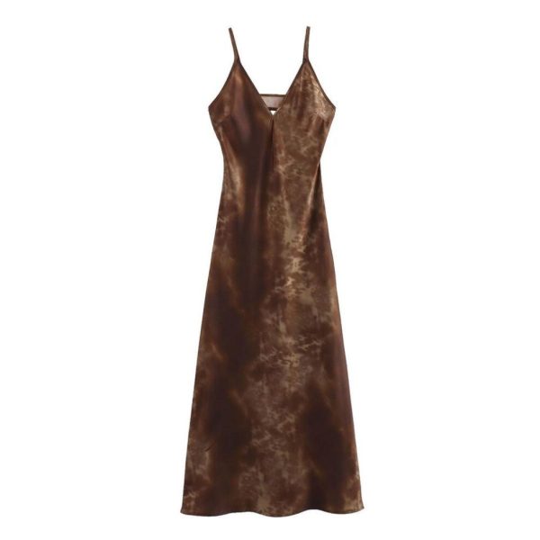 (Small) "European & American Style French Silk Satin Printed Backless V-Neck Dress for Women"