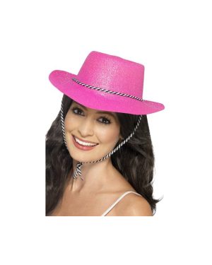 Smiffy's Cowboy Glitter Hat With Cord Plastic - Neon Pink - Fancy Dress Hen - hat cowboy glitter fancy dress pink hen accessory cowgirl