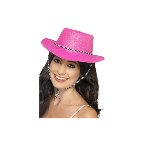 Smiffy's Cowboy Glitter Hat With Cord Plastic - Neon Pink - Fancy Dress Hen - hat cowboy glitter fancy dress pink hen accessory cowgirl