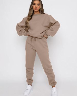Solid Color Tracksuit Drop Shoulder Top And Tapered Fit Bottom Set