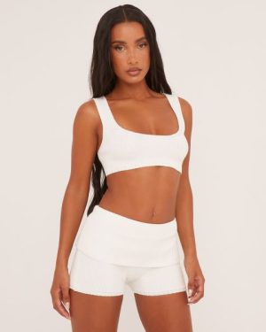 Square Neck Crop Top And Fold Over Waistband Shorts Co-Ord Set In White Knit, Women's Size UK Large L