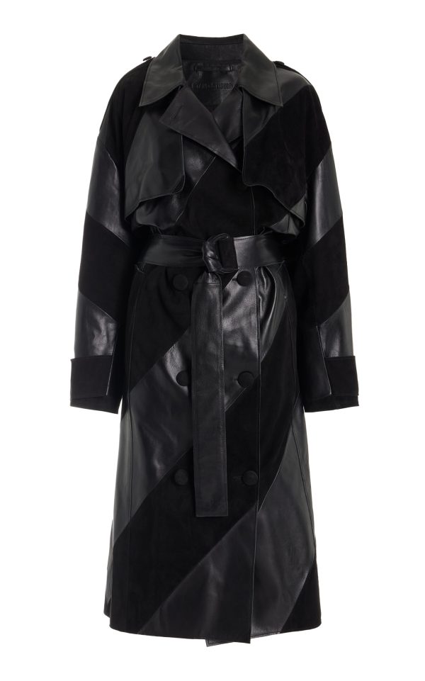 Stand Studio - Blossom Leather and Suede Trench Coat - Black - FR 40 - Moda Operandi
