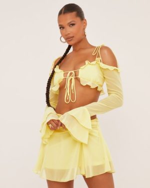 Strappy Flared Sleeve Tie Front Crop Top In Lemon Chiffon, Women's Size UK 6