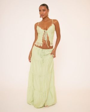 Strappy Lace Trim Tie Front Top And Tiered Maxi Skirt Co-Ord Set In Green, Women's Size UK Large L