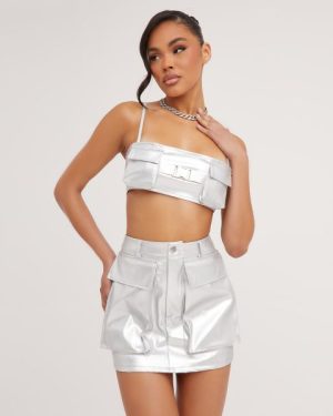 Strappy Square Neck Pocket Front Detail Crop Top In Silver Metallic, Women's Size UK 6