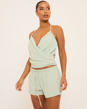 Strappy Wrap Over Front Detail Top In Green Linen, Women's Size UK 6