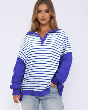 Stripes Printed Sweatshirt Dropped Shoulder Two-Tone Turndown Collar Spring Tops For Women 2025
