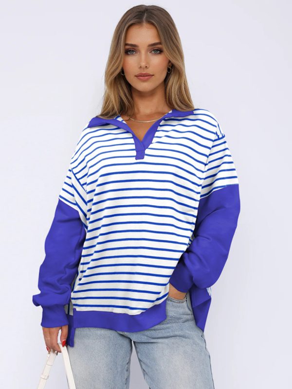 Stripes Printed Sweatshirt Dropped Shoulder Two-Tone Turndown Collar Spring Tops For Women 2025