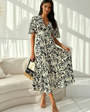 Summer Casual Dress Printed Short Sleeves V-Neck A-Line Midi Dresses