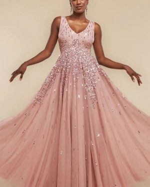 Sunray Hand Embellished Sequin A-Line Sleeveless Maxi Dress - Blush Pink by Goddiva