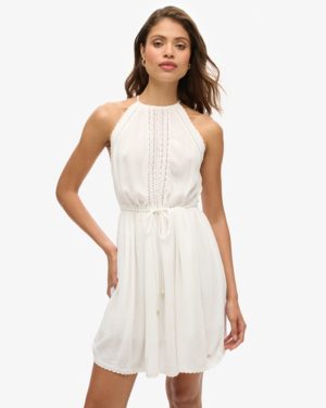 Superdry Ladies Fully lined Lace Ibiza Halter Neck Mini Dress, Off White, Size: 12