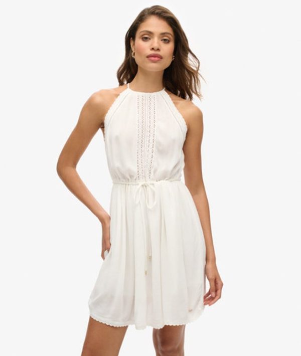 Superdry Ladies Fully lined Lace Ibiza Halter Neck Mini Dress, Off White, Size: 12