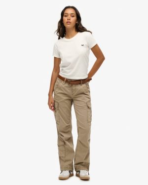 Superdry Ladies Loose Fit Low Rise Straight Cargo Pants, Beige, Size: 28