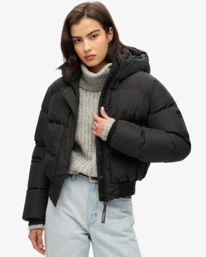 Superdry Ladies Slim Fit Hooded Sports Puffer Bomber Jacket, Black, Size: 16
