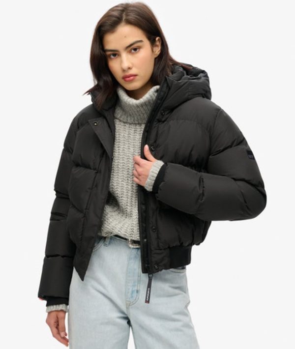 Superdry Ladies Slim Fit Hooded Sports Puffer Bomber Jacket, Black, Size: 16