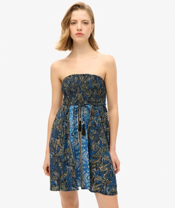 Superdry Ladies Slim Fit Paisley Print St Tropez Bandeau Dress, Navy Blue and White, Size: 14