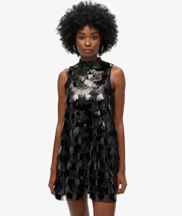 Superdry Women's A-line Fringe Sequin Dress Black / Black Sequin - Size: 8