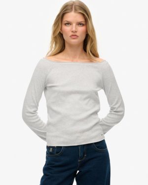 Superdry Women's Bardot Off Shoulder Top Light Grey / Iced Grey Marl - Size: 16