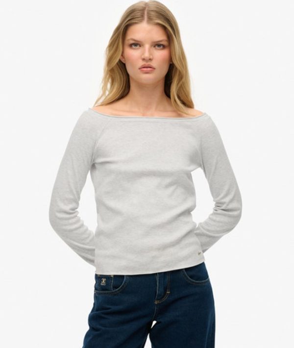 Superdry Women's Bardot Off Shoulder Top Light Grey / Iced Grey Marl - Size: 16