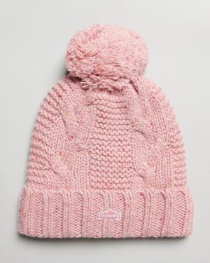 Superdry Women's Cable Knit Bobble Beanie Pink / Rose Tweed - Size: 1SIZE