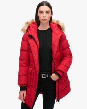Superdry Women's Classic Everest Mid Faux Fur Puffer Jacket, Red, Size: 14