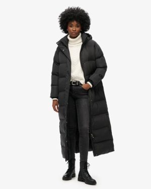 Superdry Women's Classic Logo Badge Maxi Hooded Puffer Coat, Black, Size: 16