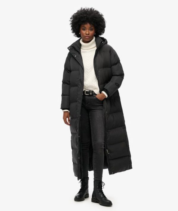 Superdry Women's Classic Logo Badge Maxi Hooded Puffer Coat, Black, Size: 16