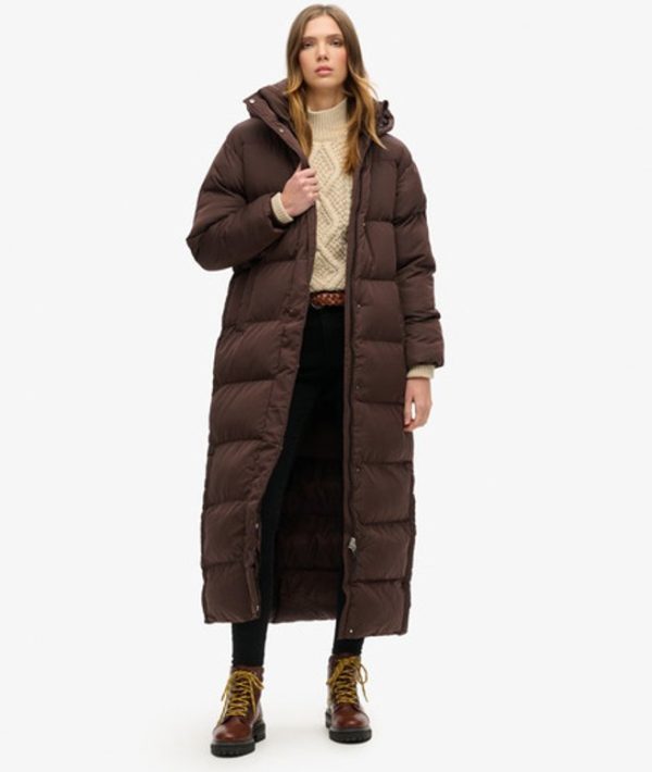 Superdry Women's Classic Maxi Hooded Puffer Coat, Dark Brown, Size: 8