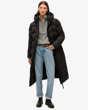Superdry Women's Classic Microfibre Longline Puffer Coat, Black, Size: 12