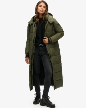 Superdry Women's Classic Quilted Ripstop Longline Puffer Coat, Khaki, Size: 10