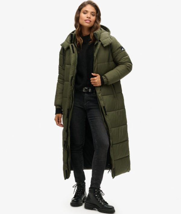 Superdry Women's Classic Quilted Ripstop Longline Puffer Coat, Khaki, Size: 10
